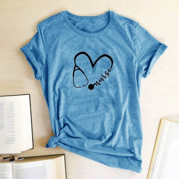 Large Size Women's Nurse Heart Casual Crew Neck Top Short Sleeve T-shirt