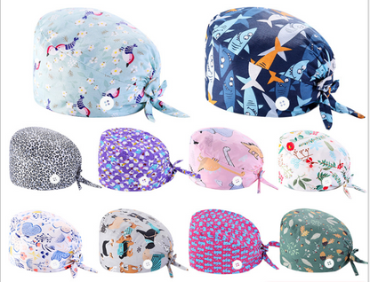 Printed Cotton Long Hair Nurse Hat European And American Surgeon Hat Female Lace button