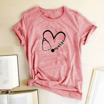 Large Size Women's Nurse Heart Casual Crew Neck Top Short Sleeve T-shirt