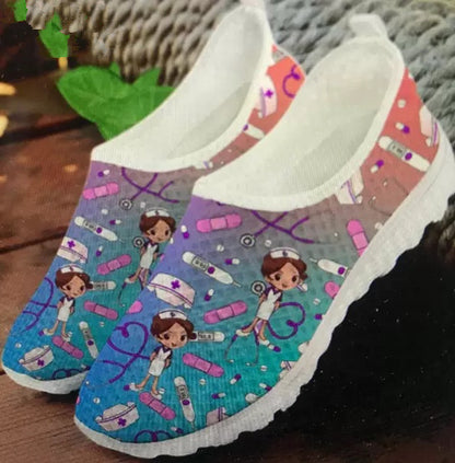 Sports Casual Women Cute Cartoon Nurse Printed Mesh Shoes