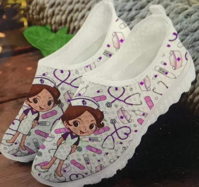 Sports Casual Women Cute Cartoon Nurse Printed Mesh Shoes