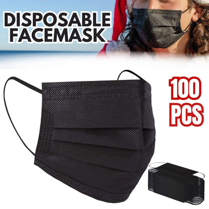 100 PCS Disposable Face Mask Non Medical Surgical 3 Ply Ear Loop Black Masks