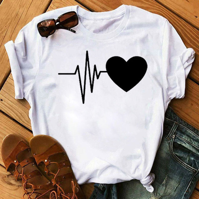 New Spring Summer Women's Wear Short Sleeve Nurse Heartbeat Printed T-shirt Bottoming Shirt AliExpress Amazon Top