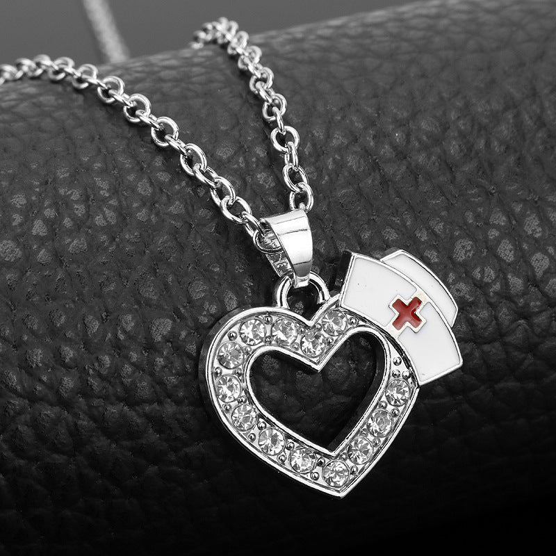 Creative New Diamond Heart-shaped Nurse Hat Pendant Necklace