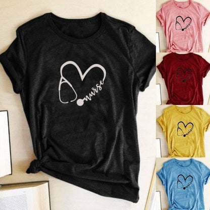 Large Size Women's Nurse Heart Casual Crew Neck Top Short Sleeve T-shirt