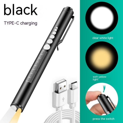 USB Charging Medical Flashlight Rear Push Yellow And White Dual Light